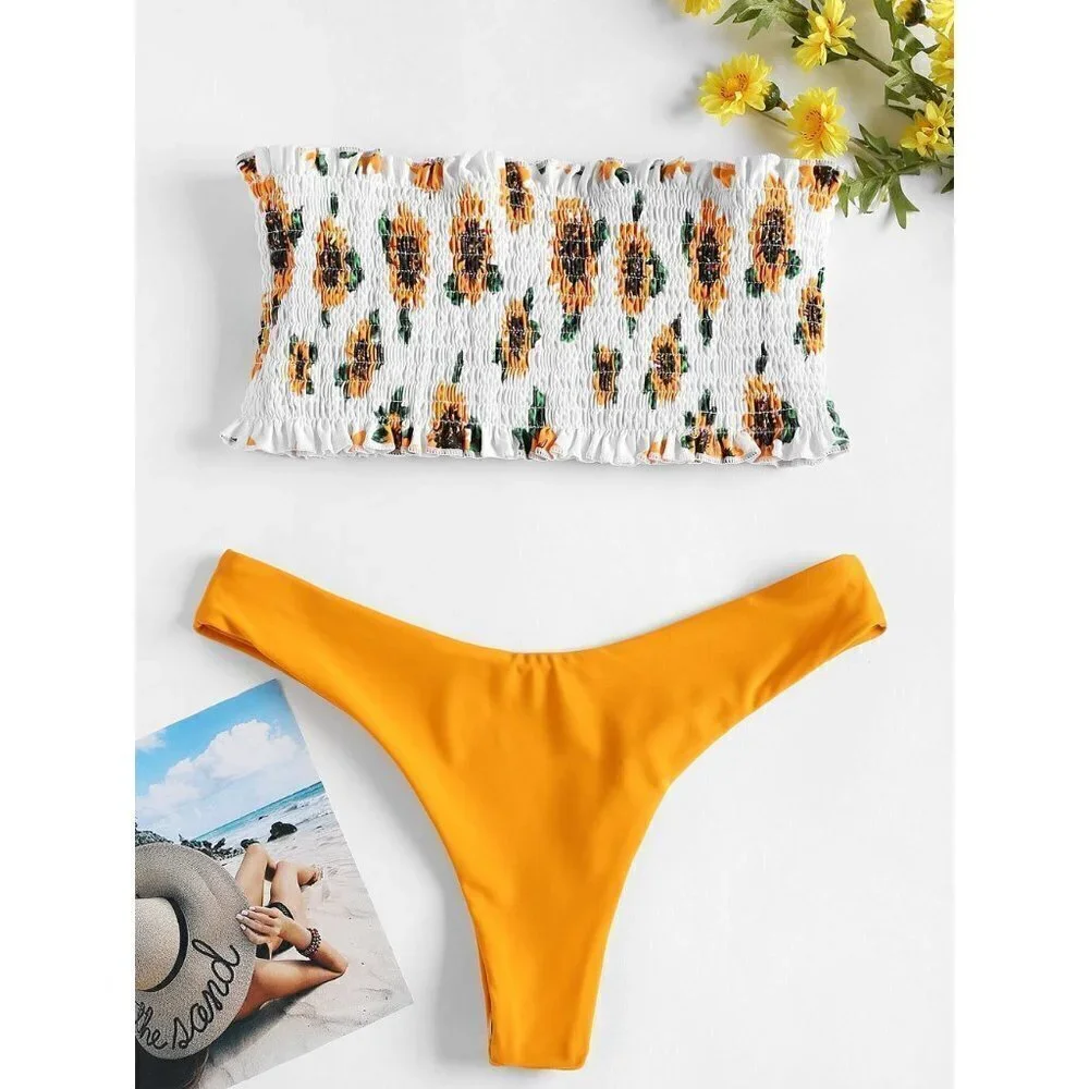 NEW White Yellow Green Sunflower Print Bikini Bathing Suit Set Size Large